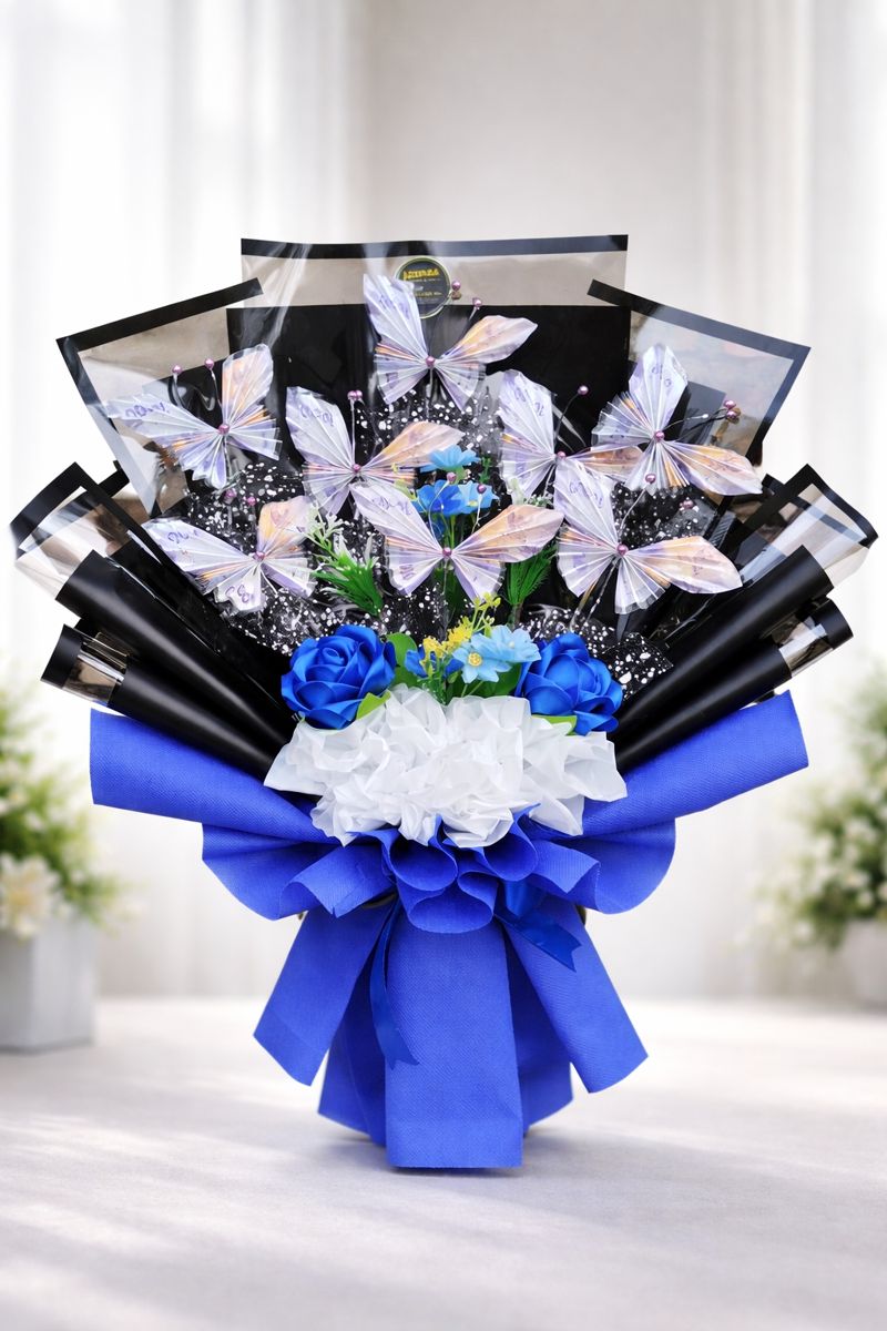 Creative Money Bouquet with Blue Roses & Butterfly Design