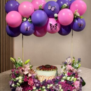 Purple Balloon Arch Cake Surprise with Premium Floral Hamper