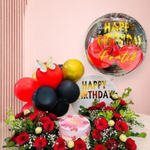 Luxury Red Rose Birthday Surprise with Cake & Personalized Bubble Balloon