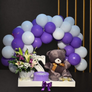 Purple Birthday Surprise Tray with Teddy, Cake, Flowers & Balloon Arch
