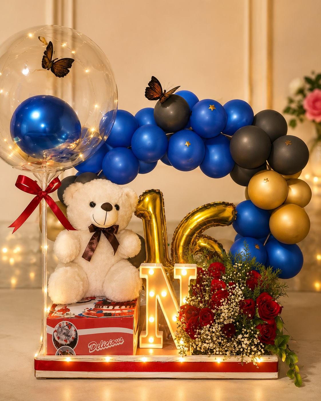 Premium Blue & Golden Balloon Arch Hamper Birthday Edition - Image 2