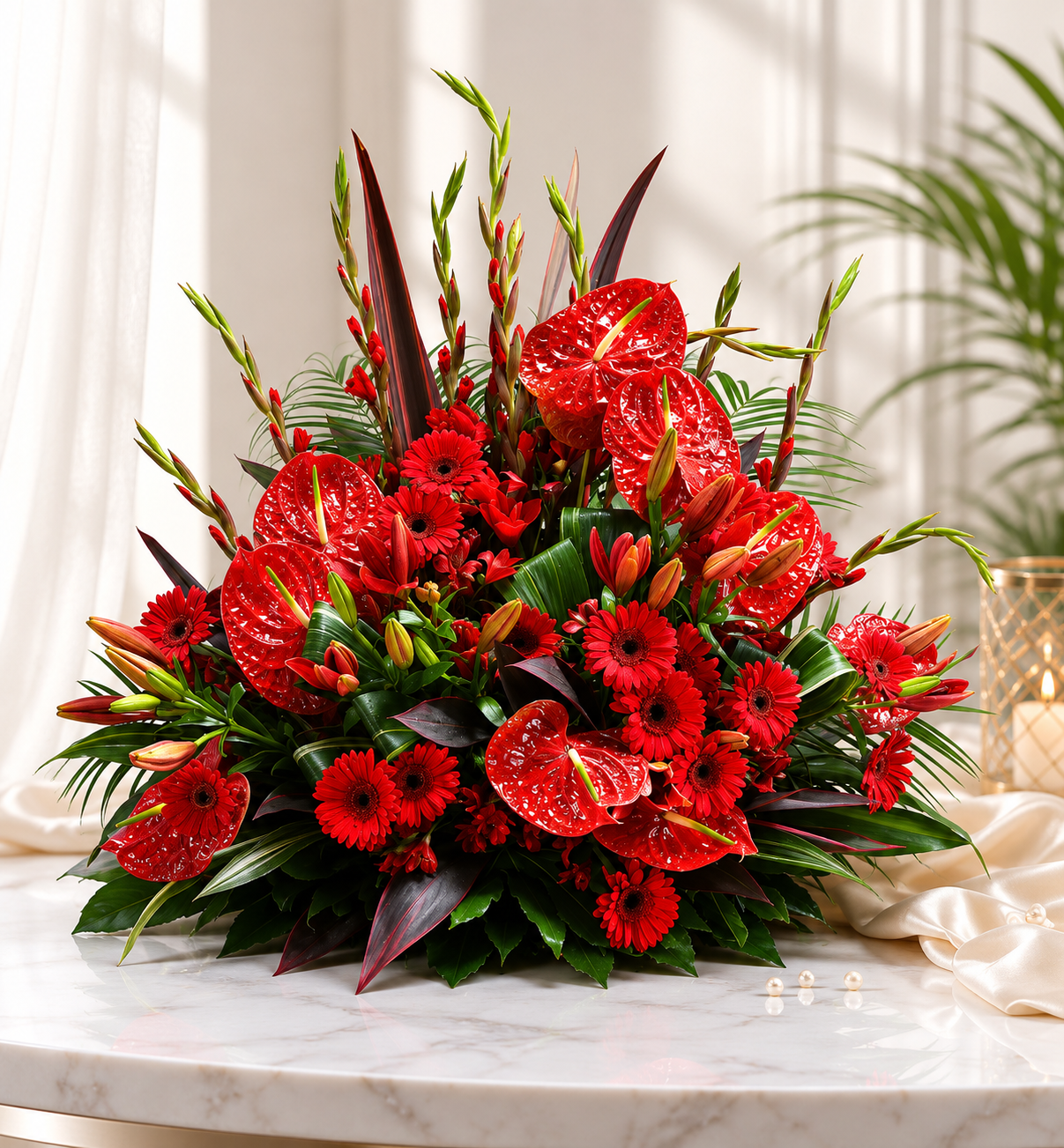 Luxury Red Anthurium, Gerbera & Lily Floral Arrangement - Image 2