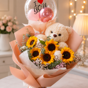 Sunflower Teddy Love Bouquet with Bubble Balloon