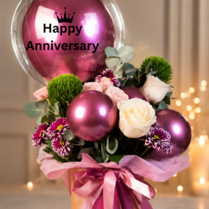 Royal Anniversary Bobo Balloon with White Roses Arrangement