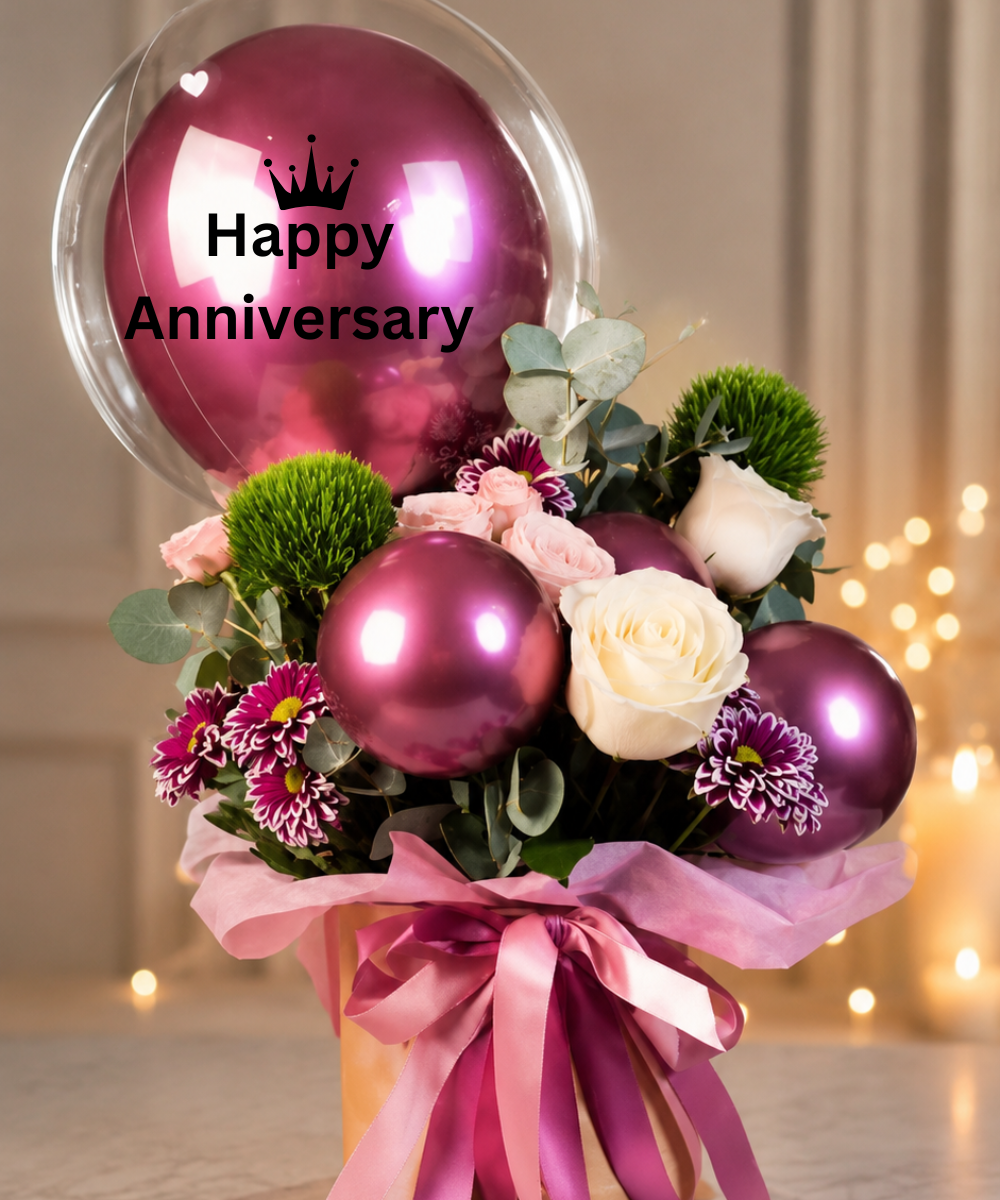 Royal Anniversary Bobo Balloon with White Roses Arrangement