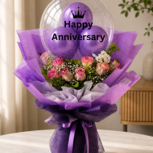 Premium Happy Anniversary Pink Rose Bouquet with Bubble Balloon