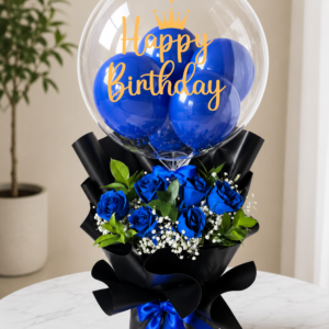 Royal Blue Rose Birthday Balloon Bouquet with Bubble Balloon