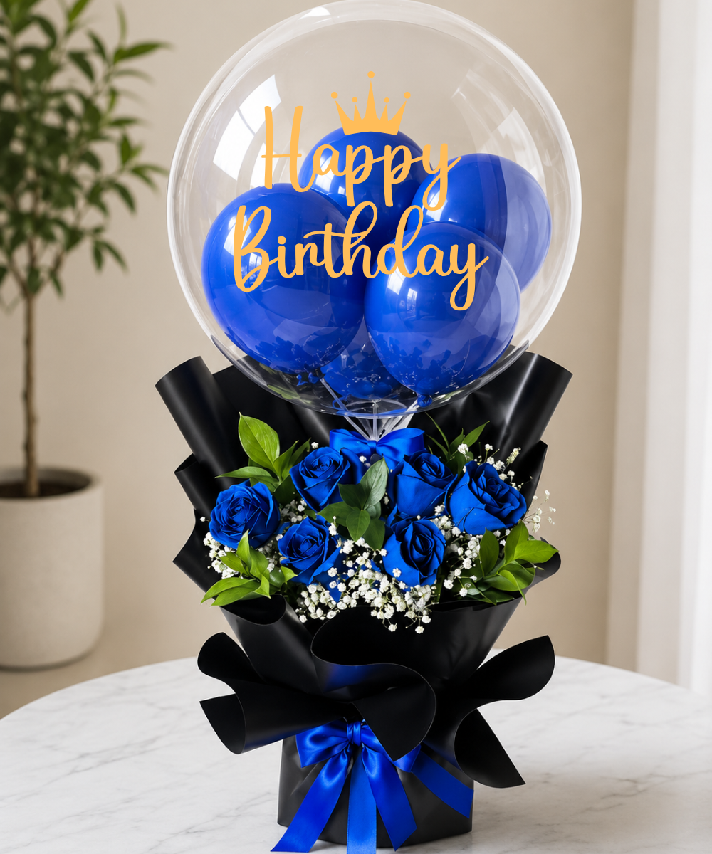 Royal Blue Rose Birthday Balloon Bouquet with Bubble Balloon