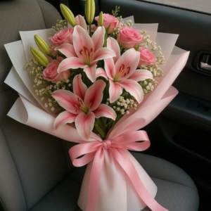 Fresh Lily and Pink Rose Bouquet