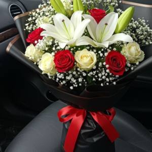 Elegant Red Rose & White Lily Bouquet