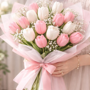 Premium White & Pink Tulip Bouquet