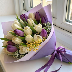 Royal Elegance Fresh Purple & White Tulip Bouquet