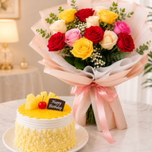 Mixed Roses Bouquet with Cake – Birthday Gift Combo