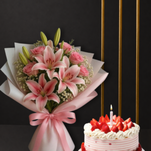Oriental Pink Lily & Rose Bouquet with Delicious Cake