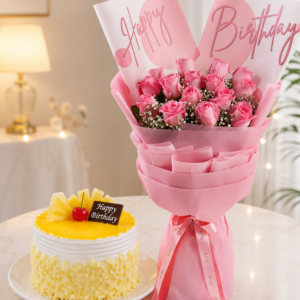 Pink Roses Bouquet with Cake – Birthday Gift Combo