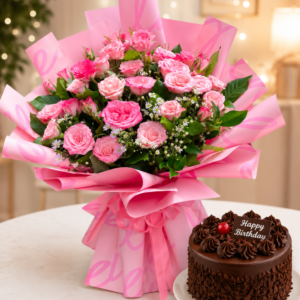 Premium Pink Roses Bouquet with Cake Combo