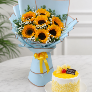 Beautiful Sun Flower Bouquet with Cake