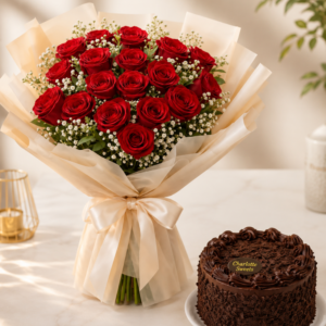 Luxury Red Rose Bouquet with Cake