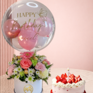 Premium Flower Balloon Arrangement with Delicious Cake