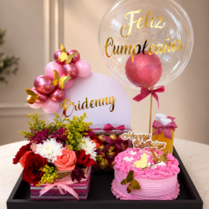 Personalized Birthday Gift Tray with Cake, Flowers & Bubble Balloon