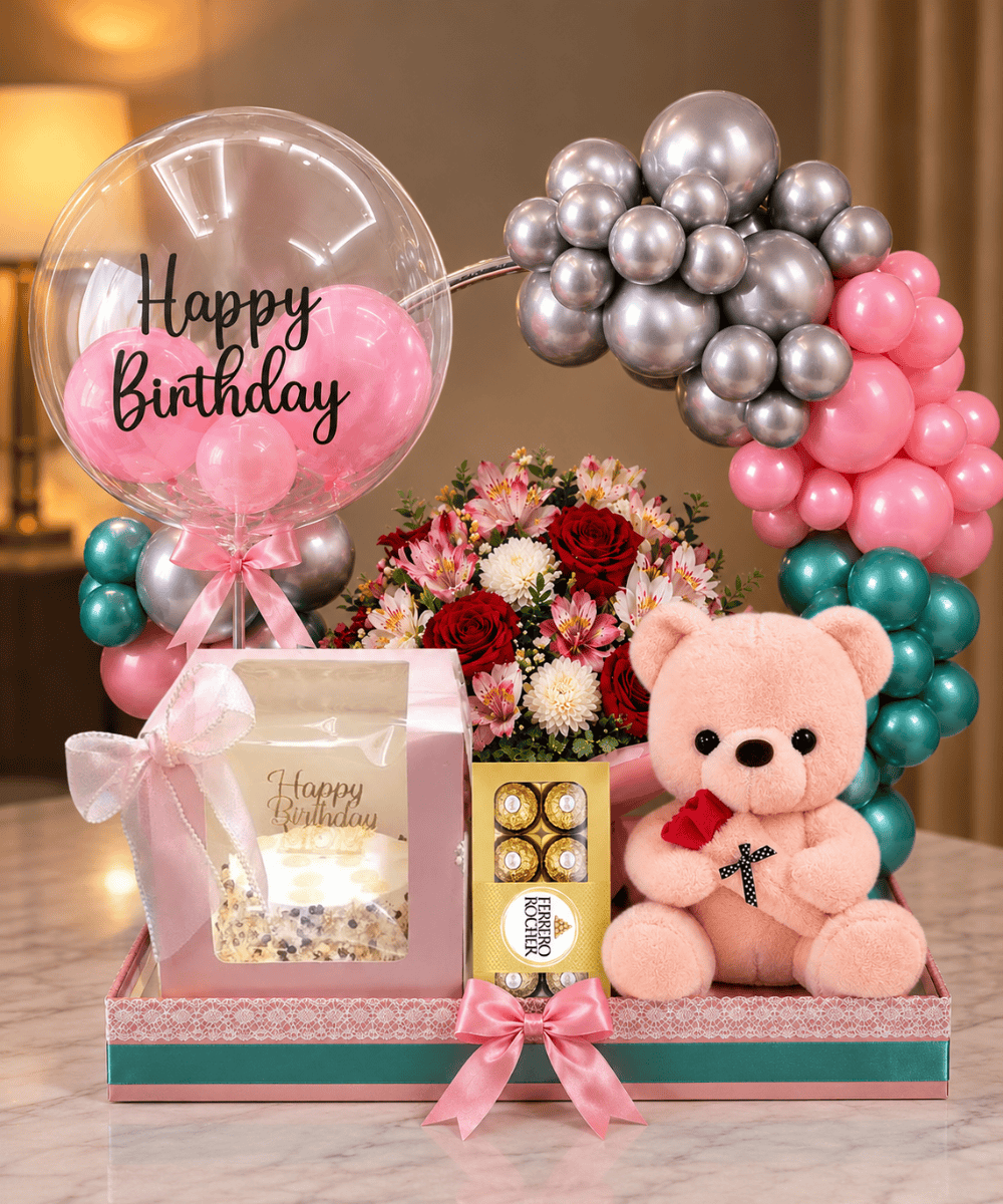 Premium Birthday Celebration Box with Flowers, Cake & Balloon Arch Decor