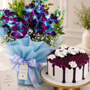 Premium Blue Orchid Bouquet with Delicious Cake Combo