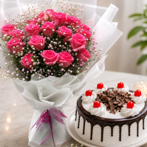 Premium Pink Rose Bouquet with Delicious Cake Combo
