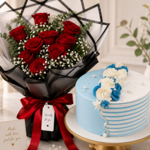 Elegant Red Rose Bouquet with Delicious Cake