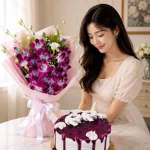 Premium Purple Orchid Bouquet with Delicious Cake