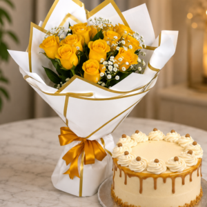 Premium Yellow Rose Bouquet with Delicious Cake