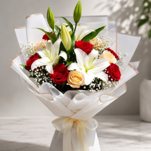 Elegant White Lily & Red Rose Bouquet