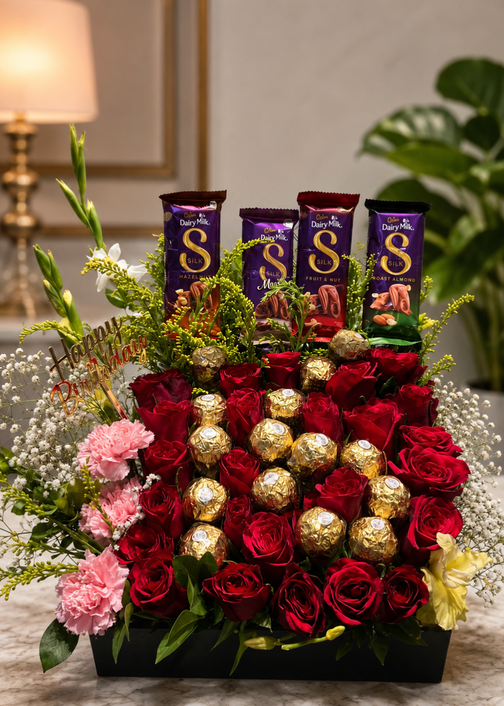 Luxury Red Rose Chocolate Basket with Ferrero Rocher & Cadbury Silk