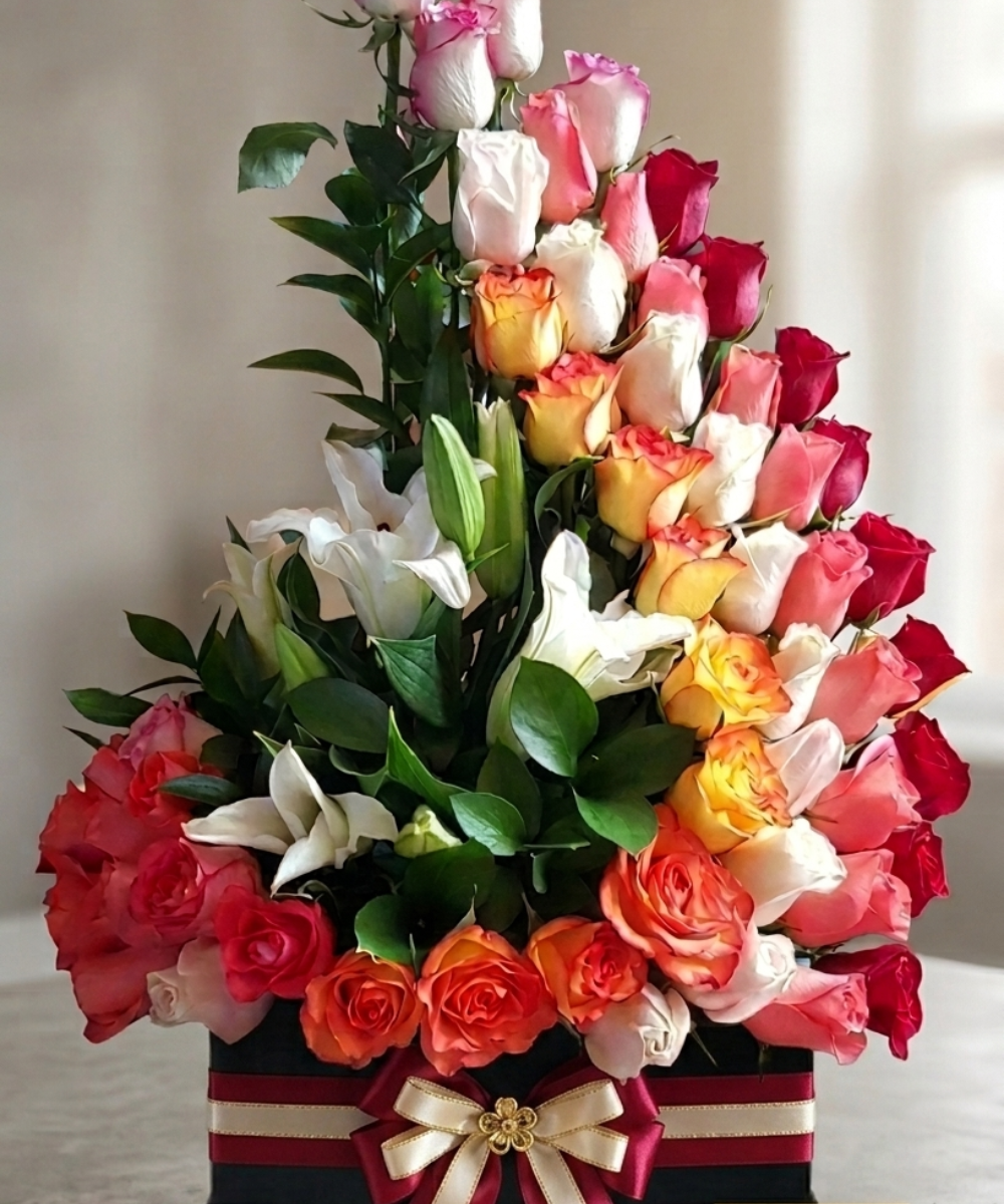 Luxury Multicolor Rose & White Lily Floral Arrangement - Image 2