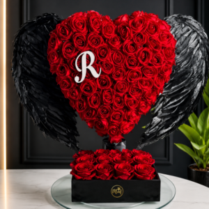 Luxury Red Heart Rose Arrangement with Black Angel Wings & Personalized Initial