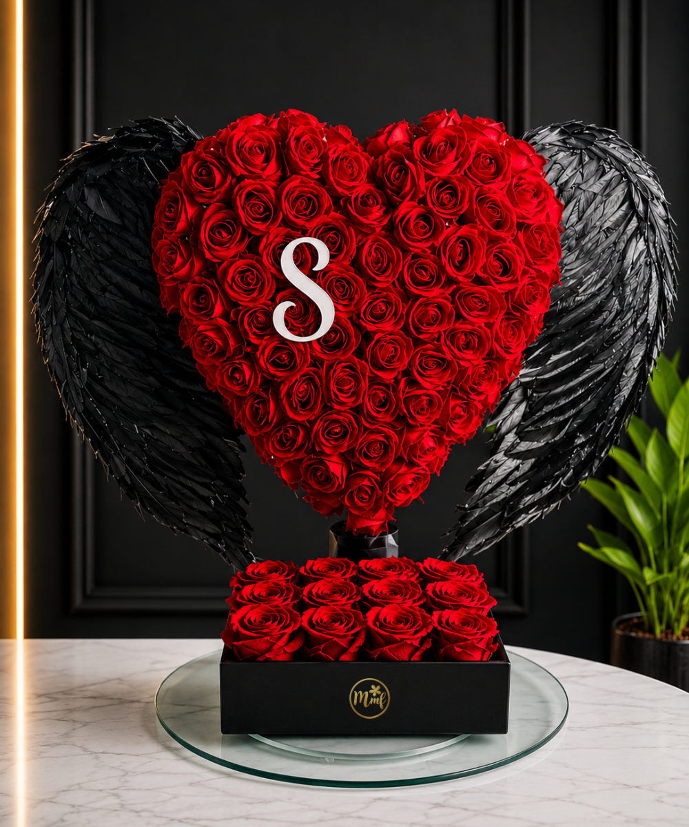 Luxury Red Heart Rose Arrangement with Black Angel Wings & Personalized Initial - Image 2