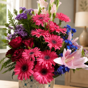 Luxury Pink Gerbera, Lily & Red Rose Vase Arrangement