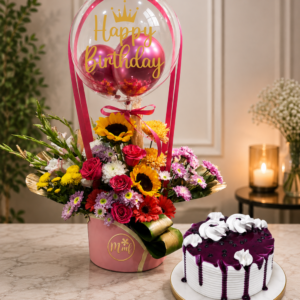 Luxury Flower Balloon Arrangement with Delicious Cake