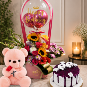Premium Flower Balloon Arrangement with Teddy & Cake