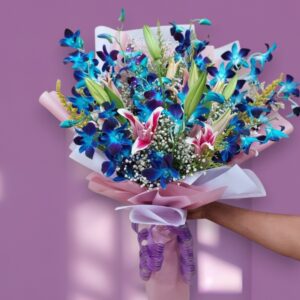 Premium Blue Orchid & Pink Lily Bouquet