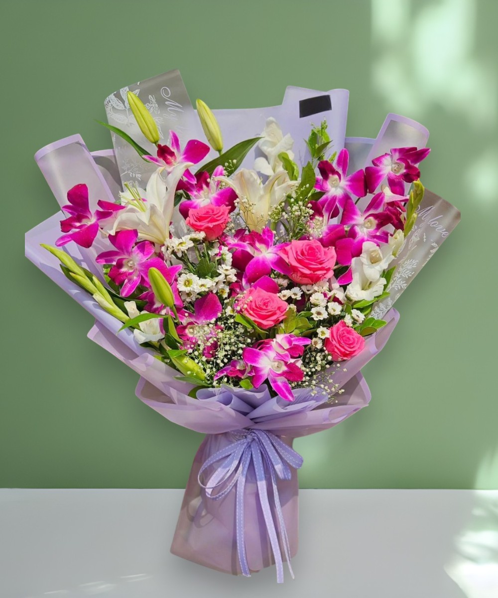 Premium Purple Orchid & Pink Lily Bouquet
