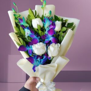 Premium Blue Orchid & White Rose Bouquet