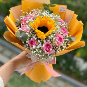 Sunshine Blush – Sunflower & Pink Rose Bouquet