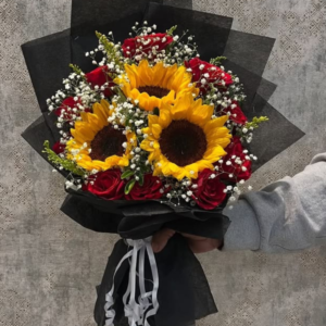 Golden Sunflower Hand Bouquet – Sunflower & Red Rose