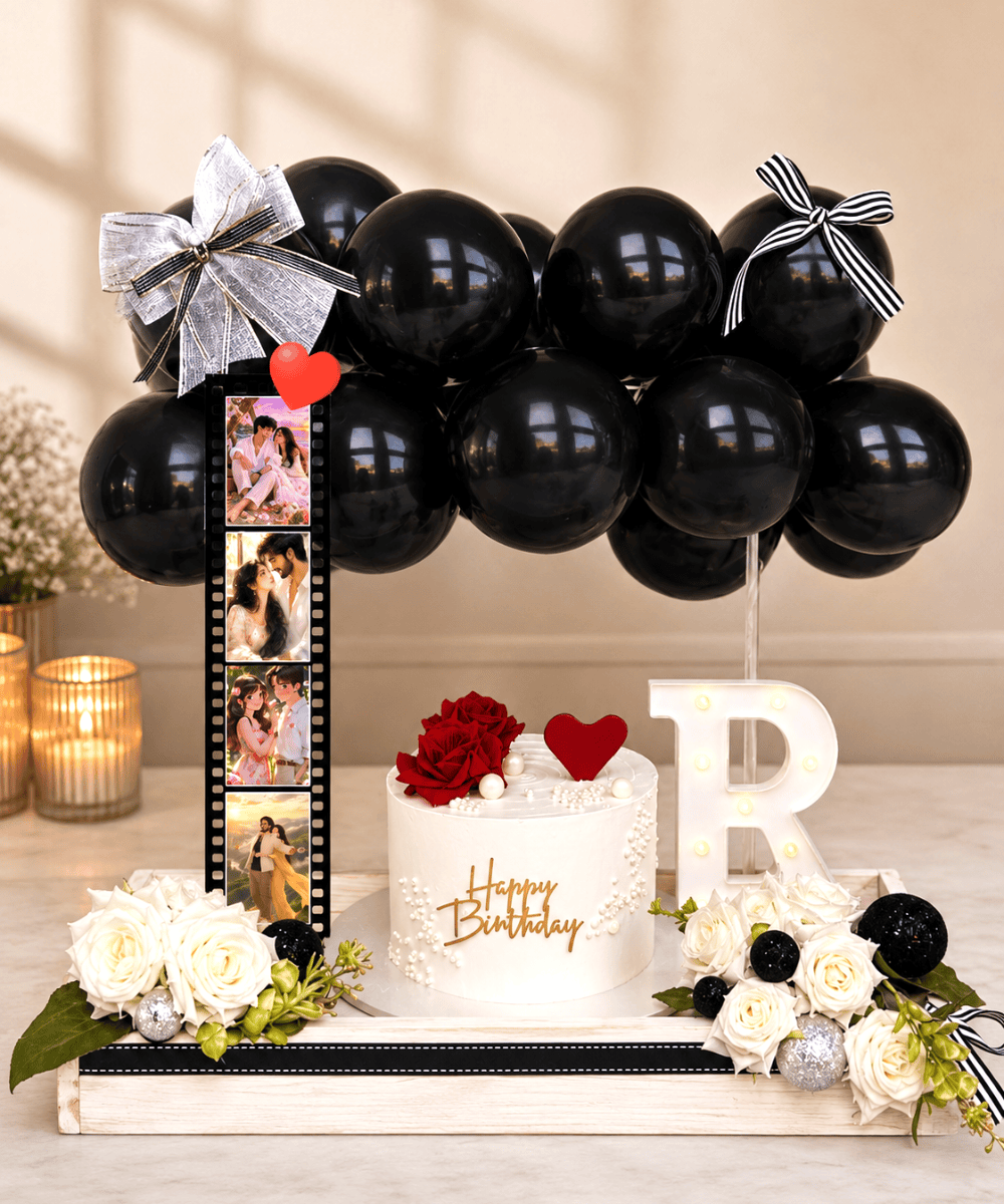 Luxury Black Balloon Photo Film Birthday Surprise Cake Hamper