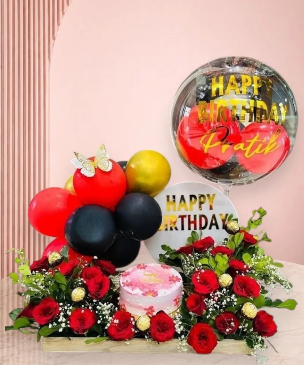 Luxury Red Rose Birthday Surprise with Cake & Personalized Bubble Balloon