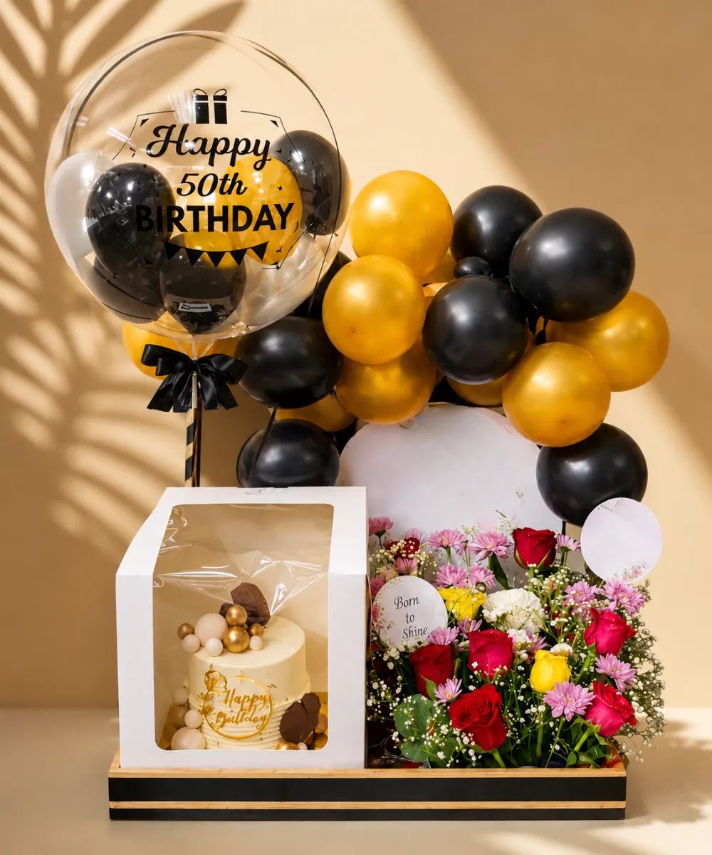 Premium black & Golden Balloon Arch Hamper Birthday edition