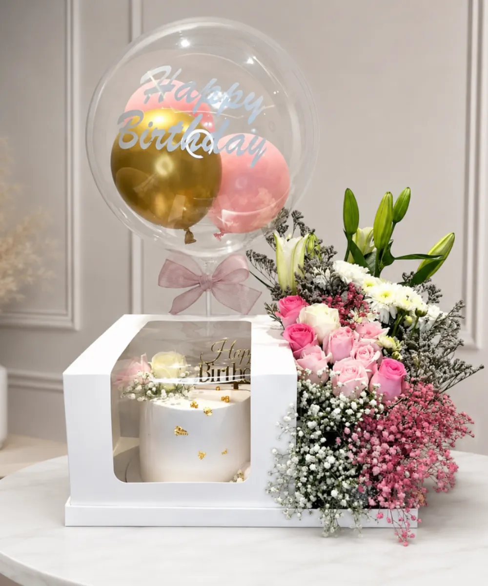 Premium Flower Custom Cake and Bobo Balloon Platter
