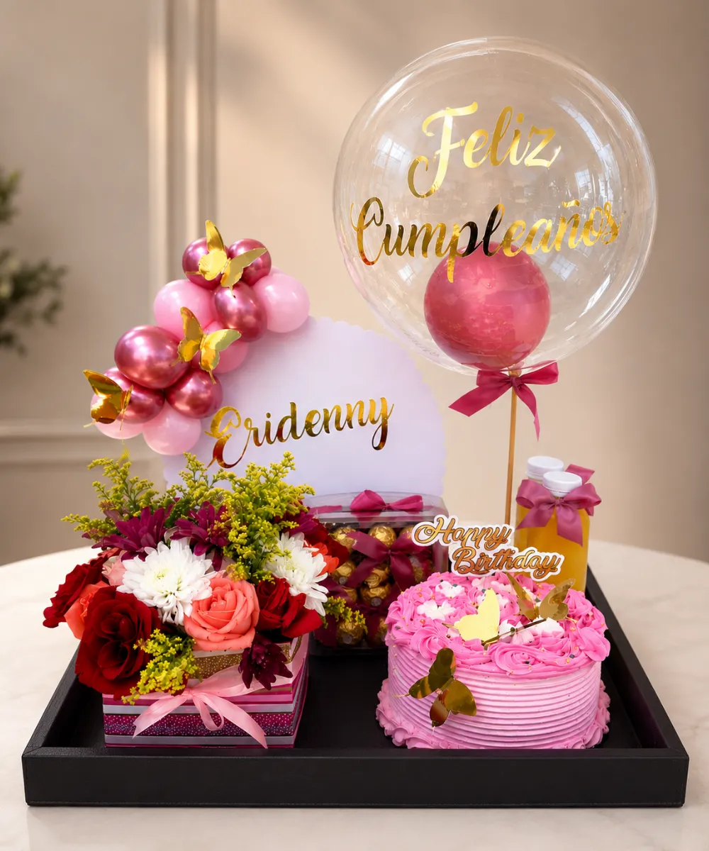 Personalized Birthday Gift Tray with Cake, Flowers & Bubble Balloon