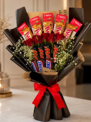 Chocolate Bouquet with Red Roses & Snickers