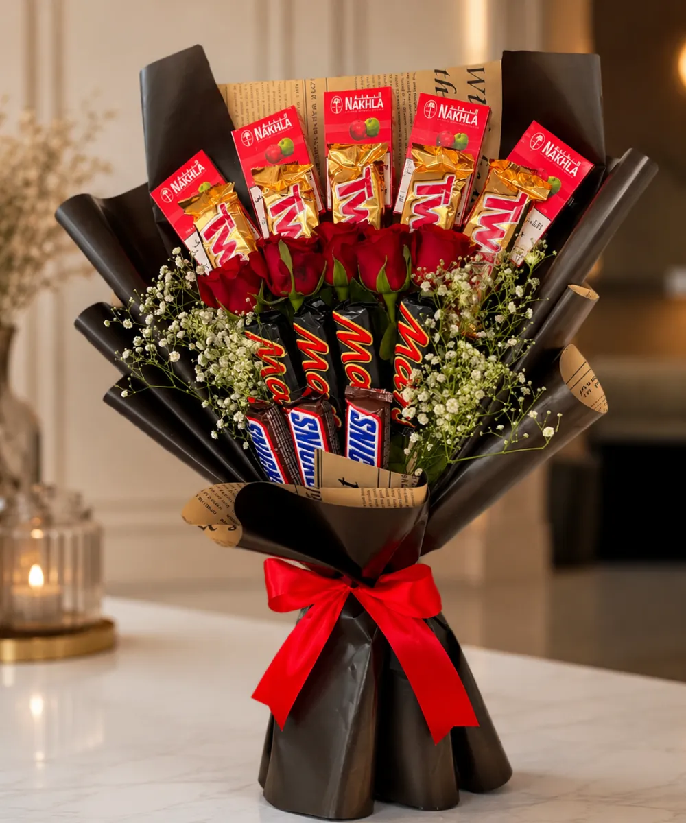 Chocolate Bouquet with Red Roses & Snickers